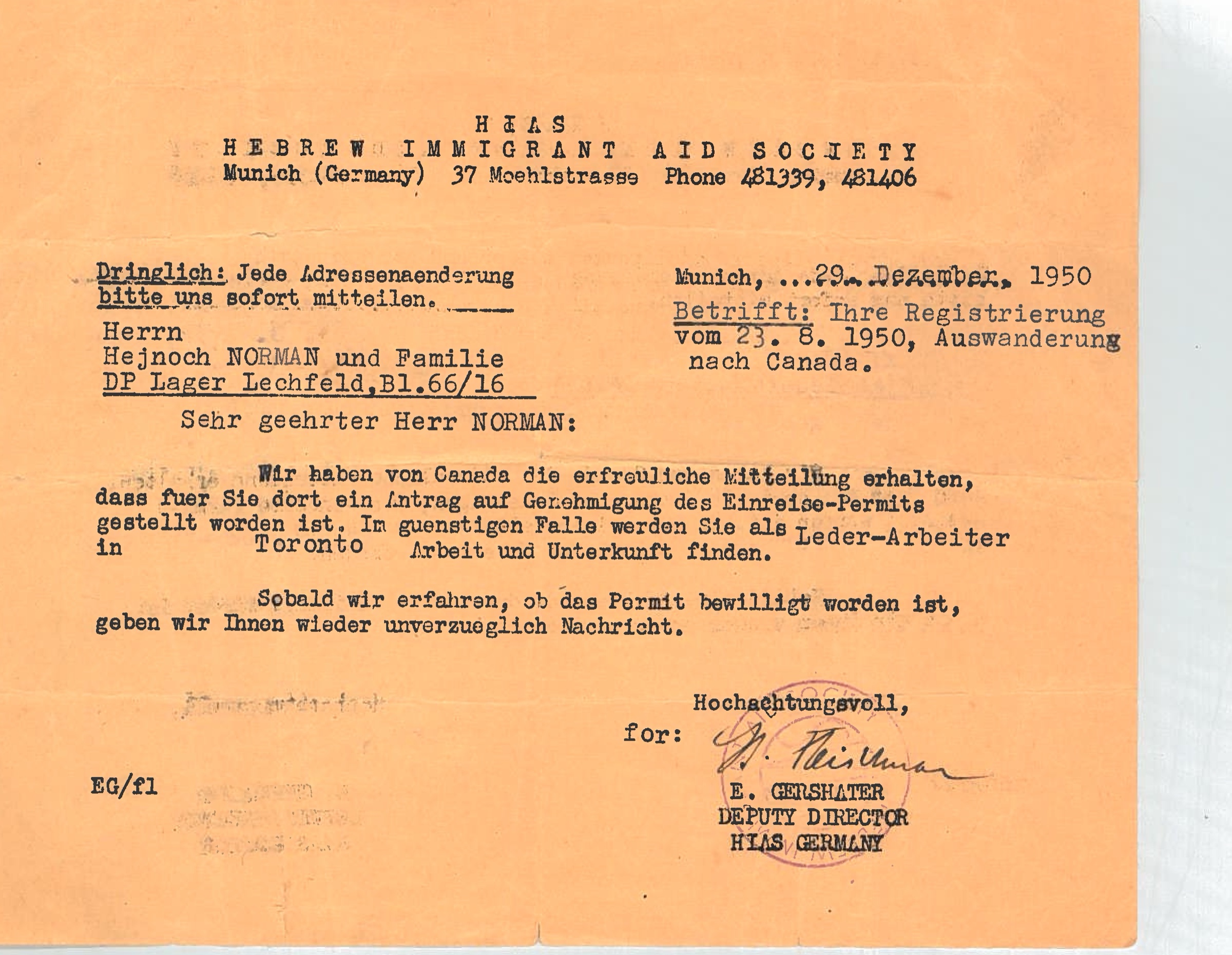 1950 HIAS letter to the Norman family about emigration to Canada
