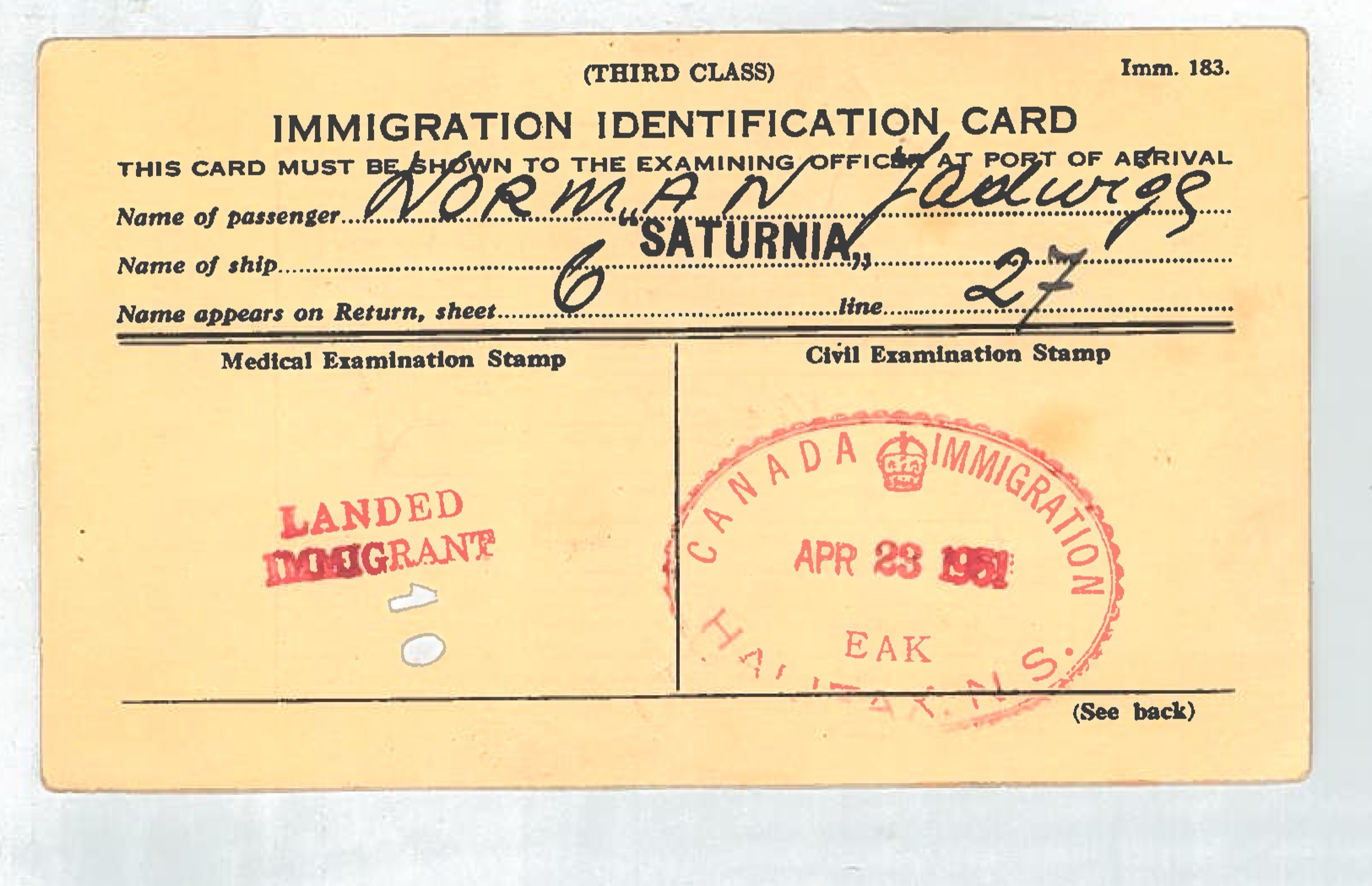 Canadian immigration card for Hejnoch Norman with a Halifax arrival stamp